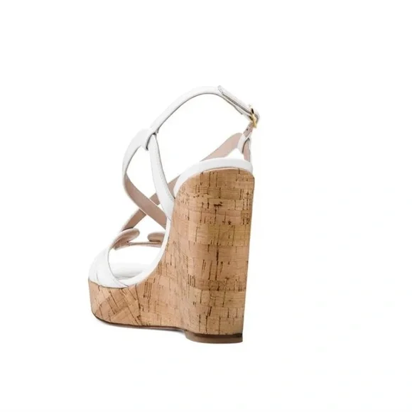 Stuart Weitzman Interlocking White Leather Cork Wedge Espadrille Shoes New 9.5 - Picture 6 of 8